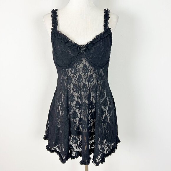 Vtg Seductivewear Black Floral Mesh Slip Ruffles Vamp Romantic Size XL Women's - Picture 1 of 5
